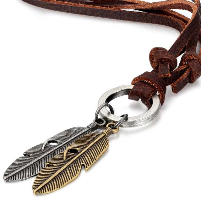 Antique Look Bronze Angel Tribal Feather Stainless Steel Leather Cord Chain Necklace