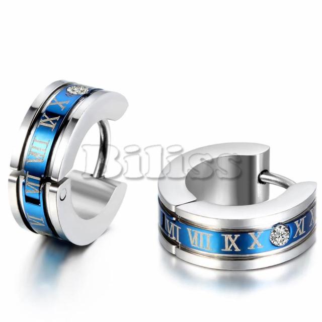 Bling Bling Stainless Steel Roman Numerals Big Boy Blue Gold Black Huggie Earrings