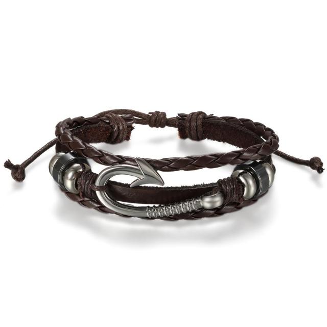 Handmade Genuine Leather Fish Hook Adjustable Casual Mens Bracelets