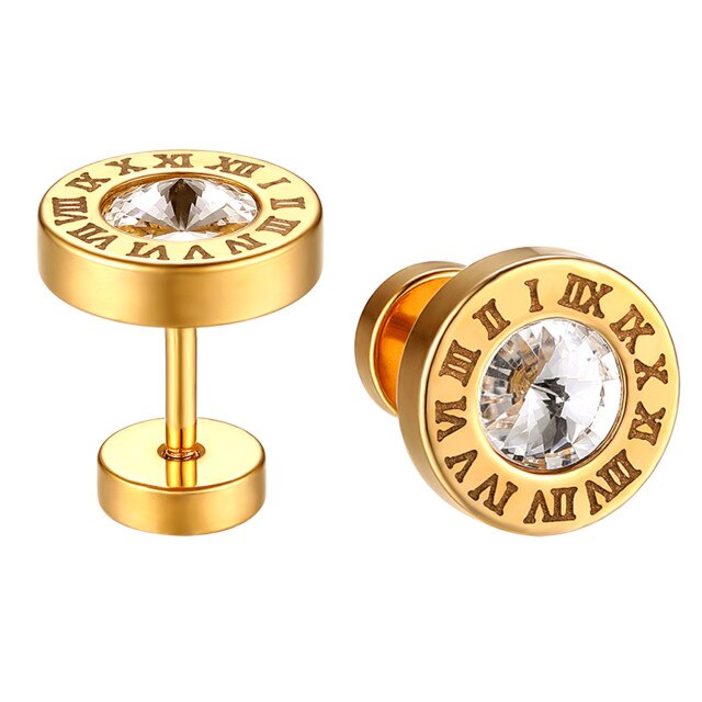 Gold Silver Rose Gold No Tarnish Bling Bling Roman Numeral Screw Back Earrings