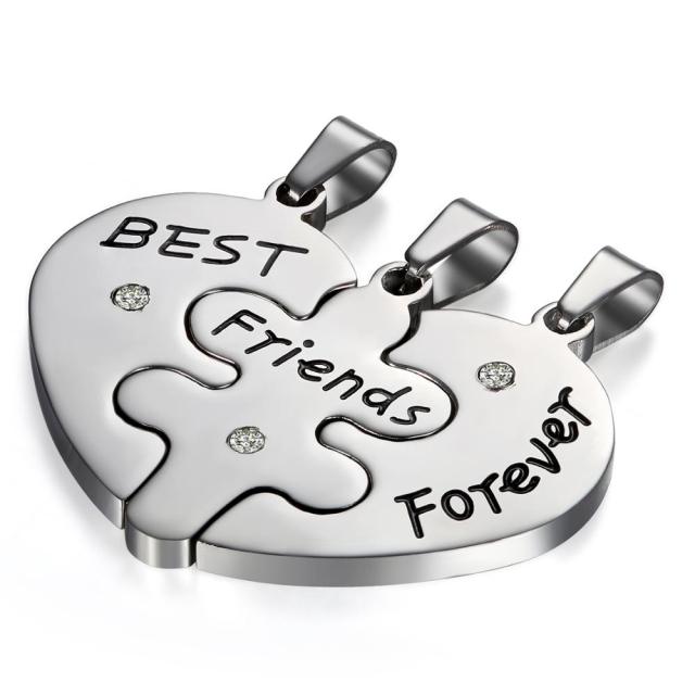 Friendship 3 Puzzle Piece Heart Best Friends Forever Pendant Chain Necklace