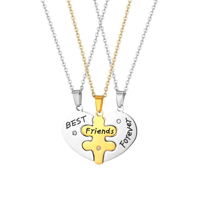 Friendship 3 Puzzle Piece Heart Best Friends Forever Pendant Chain Necklace