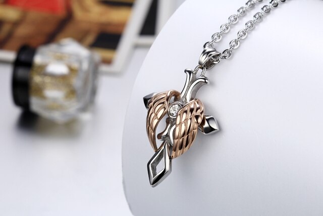 No Tarnish Stainless Steel Vintage Look Classic Angel Wings Cross Pendant Chain Necklace