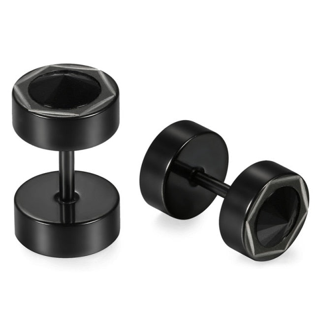 Mens Bling Bling Black CZ Black Out Stainless Steel Screw Back Earrings