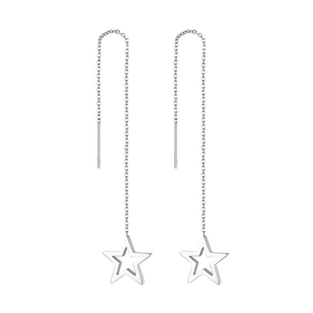 Womens Unique Design Long Fringed Dangling Stainless Star Circle Earrings