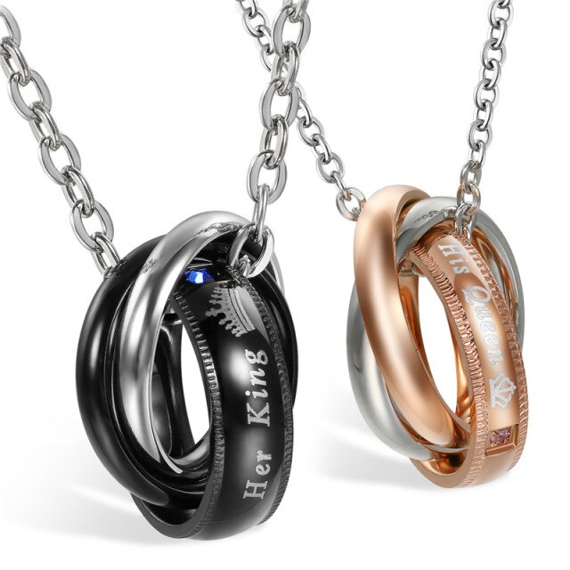Couples Romantic Lovers Her King His Queen Triple Ring Bling Stainless Steel Chain Necklace