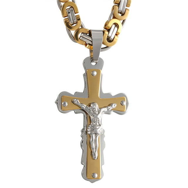 Mens Vintage Jesus Crucifix No Fade Stainless Steel Bling Pendant Chain Necklace