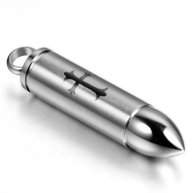 Mens High Fashion Laser Etched No Fade Stainless Steel Bullet Pendant Chain Neckalce