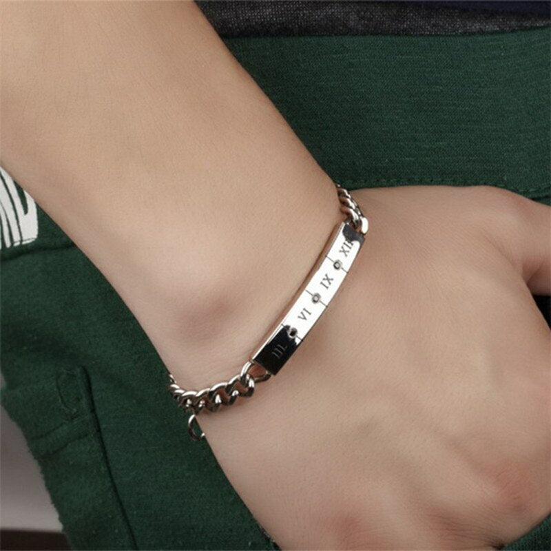 Couples Lovers Roman Numeral 3,6,9,12 Bling ID Style No Fade Stainless Steel Bracelets