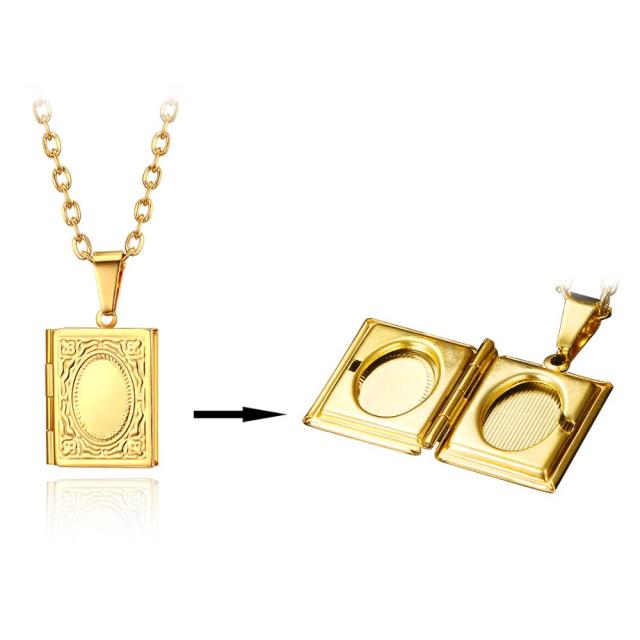 Square Open Book Frame No Fade Stainless Steel Photo Holder Casual Pendant Chain Necklace