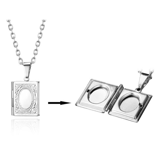 Square Open Book Frame No Fade Stainless Steel Photo Holder Casual Pendant Chain Necklace
