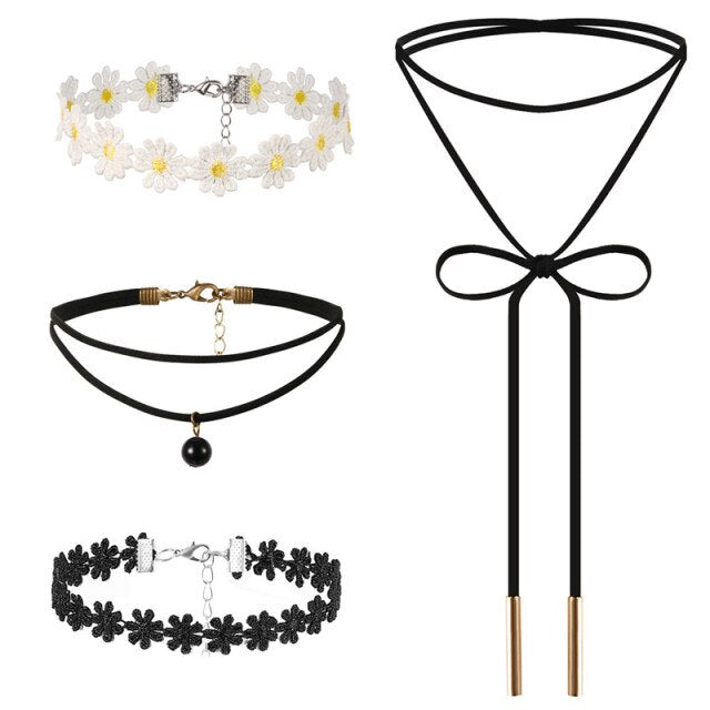 Ladies Hot Fashion 4 Piece Black Lace Tassel Chain Necklace Choker Sets