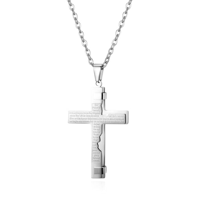 Mens Classic Stainless Steel Lords Prayer Cross Pendant Chain Necklace