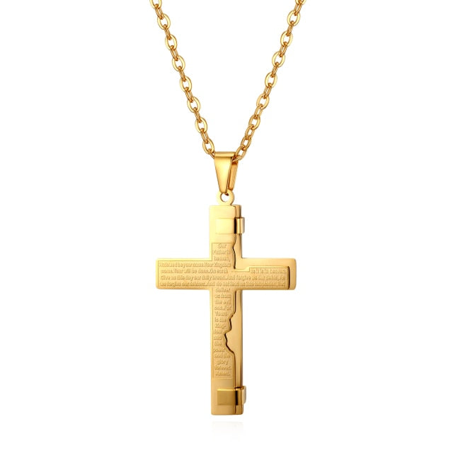 Mens Classic Stainless Steel Lords Prayer Cross Pendant Chain Necklace