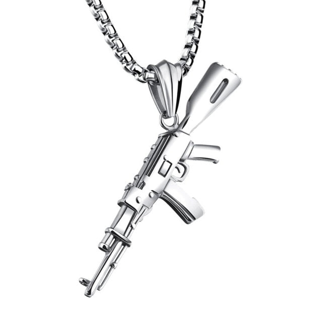 Mens Chopper Ak 47 Black Silver over No Fade Stainless Steel Army Style Hip Hop Pendant