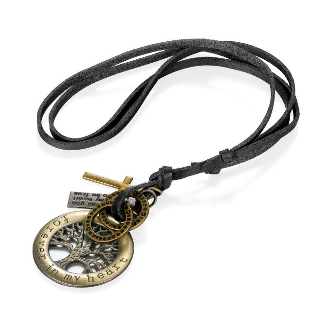Masculine Rugged Look Tree Of Life Leather Cord High Fashion Pendant Chain Necklace