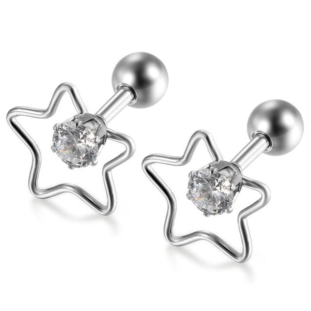 Silver over No Fade Stainless Steel Round Stud CZ Stone Star Screw Bask Earrings
