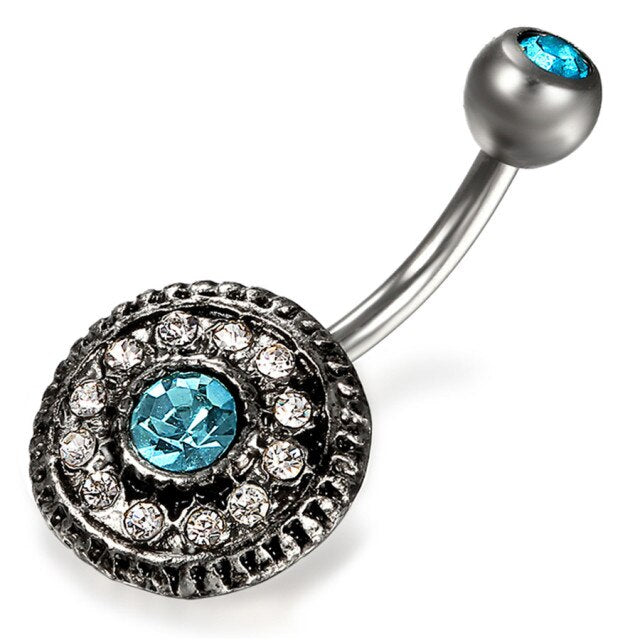 Ladies Silver Flower Turquoise Cz Handset Stone Belly Button Navel Rings Body Jewelry