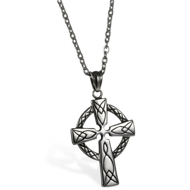 Mens Silver No Fade Stainless Steel Celtic Cross Pendant Chain Necklace