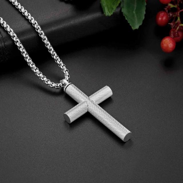 Men's No Fade Stainless Steel Cylinder Cross Pendant Chain Necklace