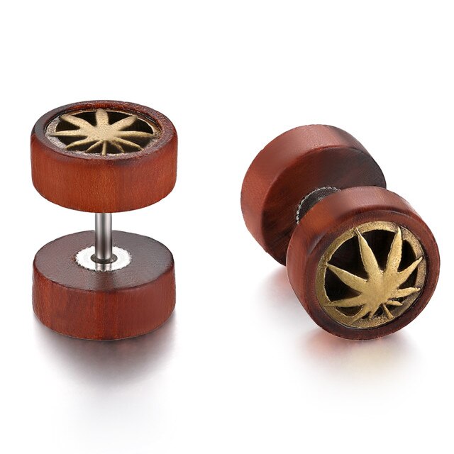 Designer Wooden Tree Of Life Lion Weed Leaf Screw Back Earrings