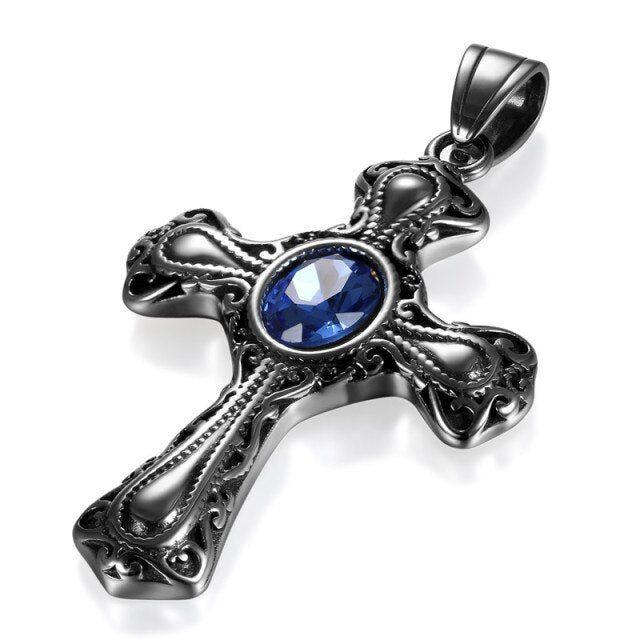 Vintage Styling Stainless Steel Blue Crystal Cross Pendant Chain Necklace