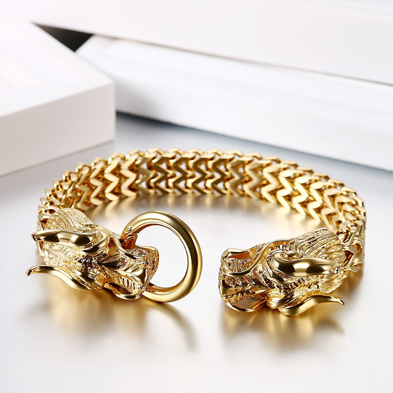 Mens 316L Stainless Steel Foxtail Chinese Style Dragon Chain Bracelet