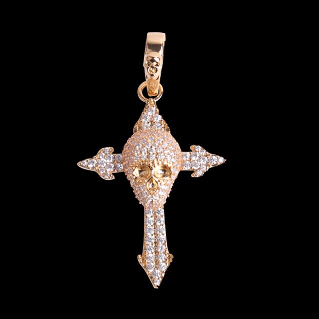 24k Gold 5A Flooded Ice Stone Skull Cross Blinged Out Pendant Chain Necklace