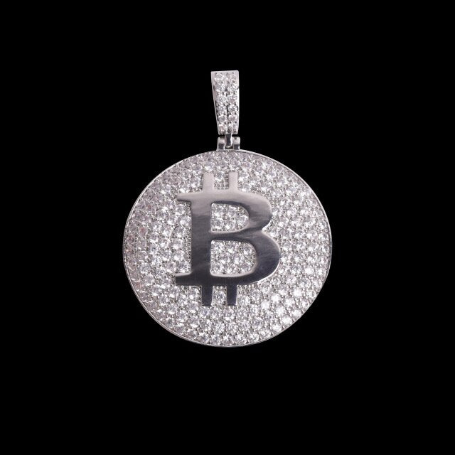 Flooded Ice 5A Stone Bitcoin 24k 925 Silver Rose Gold Hip Hop Pendant Chain Necklace