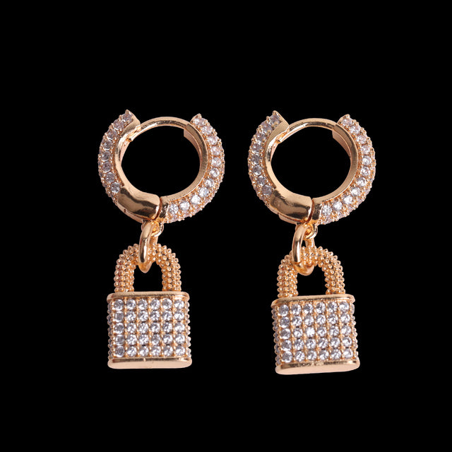 Rose Gold 925 Silver 24k Micro Pave Pad Lock Huggie Hip Hop Earrings