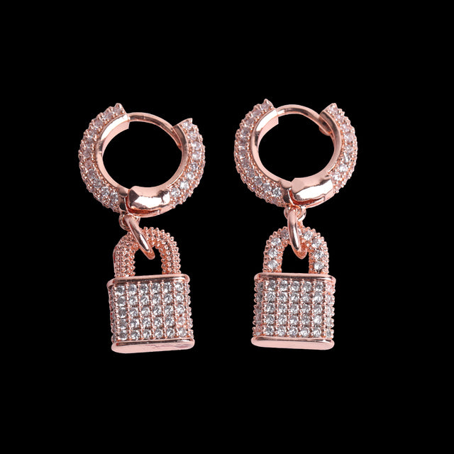 Rose Gold 925 Silver 24k Micro Pave Pad Lock Huggie Hip Hop Earrings