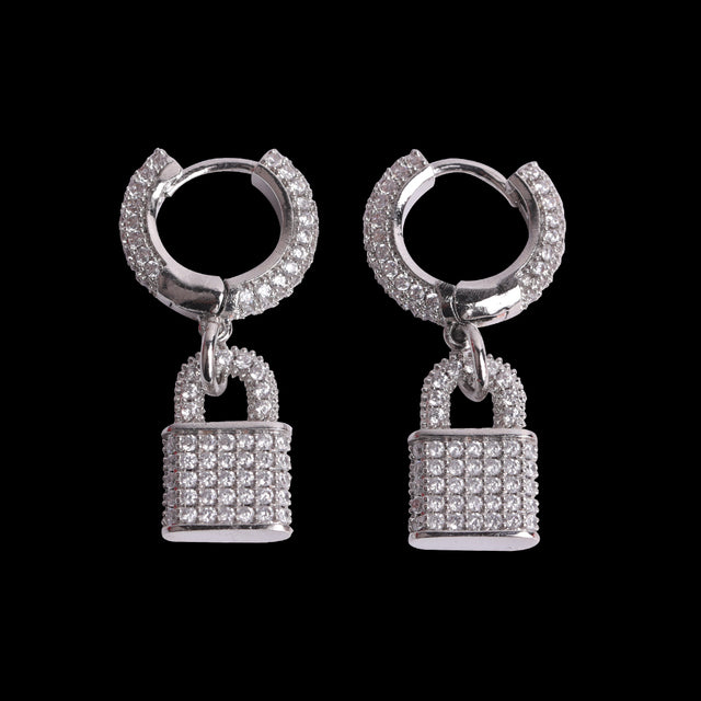 Rose Gold 925 Silver 24k Micro Pave Pad Lock Huggie Hip Hop Earrings