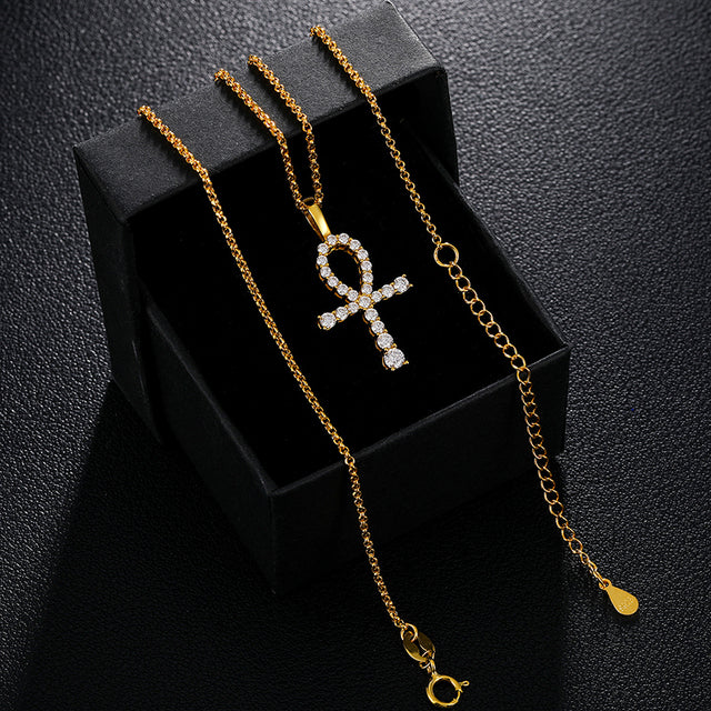 Genuine 100% Sterling Silver VVS1 Genuine Lab Diamond Ankh Cross Pendant Chain