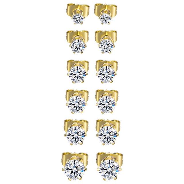 Mens Womens 6 Pair No Fade Stainless Steel 3A CZ Stone 3mm -8mm Bling Bling Earrings
