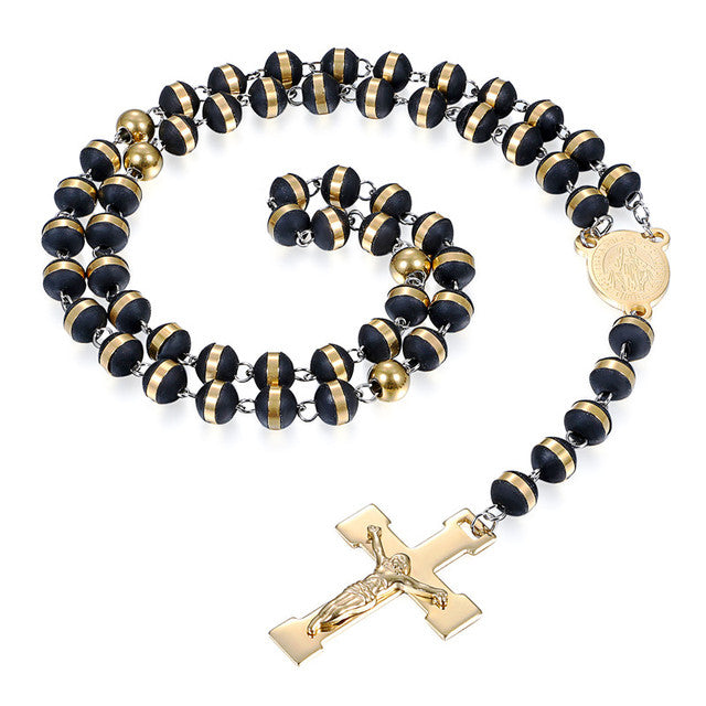 Stainless Steel No Fade Mens Cross Rosary Bead Gold Pendant Chain Necklace