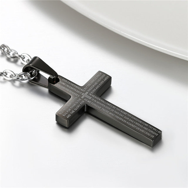 New No Fade Stainless Steel Lords Prayer Cross Pendant Chain Necklace