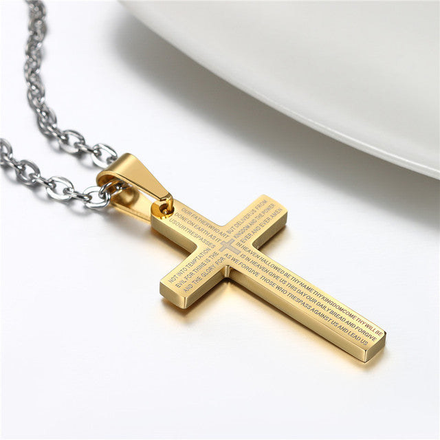 New No Fade Stainless Steel Lords Prayer Cross Pendant Chain Necklace