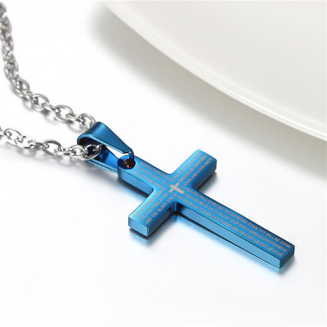 New No Fade Stainless Steel Lords Prayer Cross Pendant Chain Necklace
