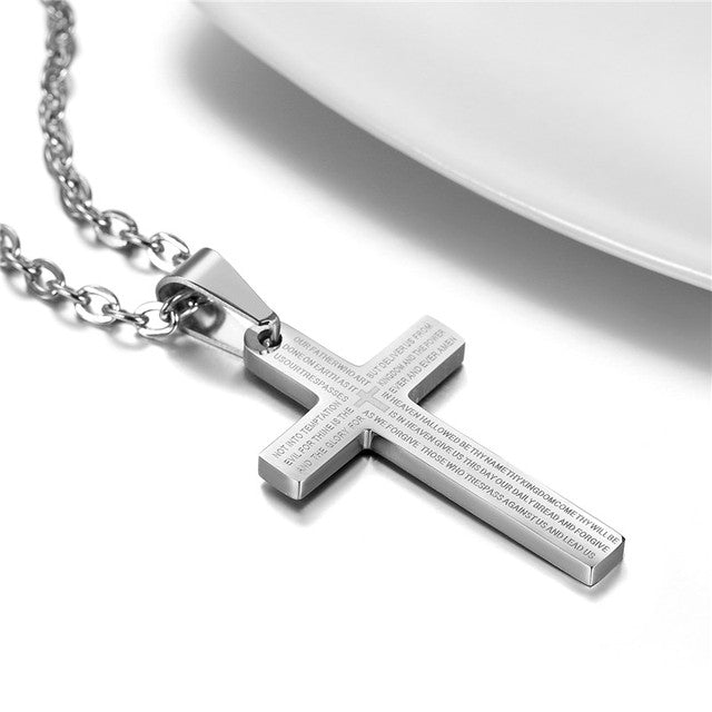 New No Fade Stainless Steel Lords Prayer Cross Pendant Chain Necklace