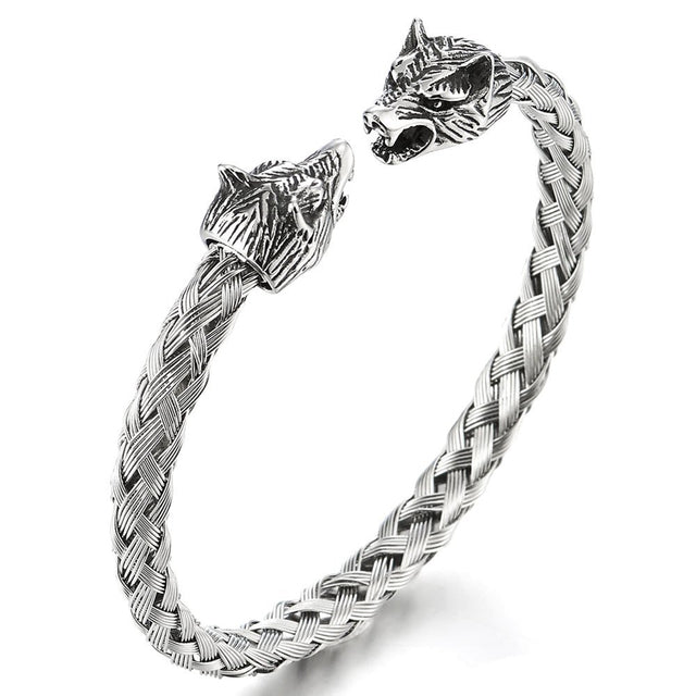 Mens Double Head No Fade Stainless Steel Wolf Bangle Street Wear Bracelets