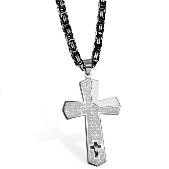 Mens Gold Black Silver No Fade Stainless Steel Spanish Prayer God Within Cross