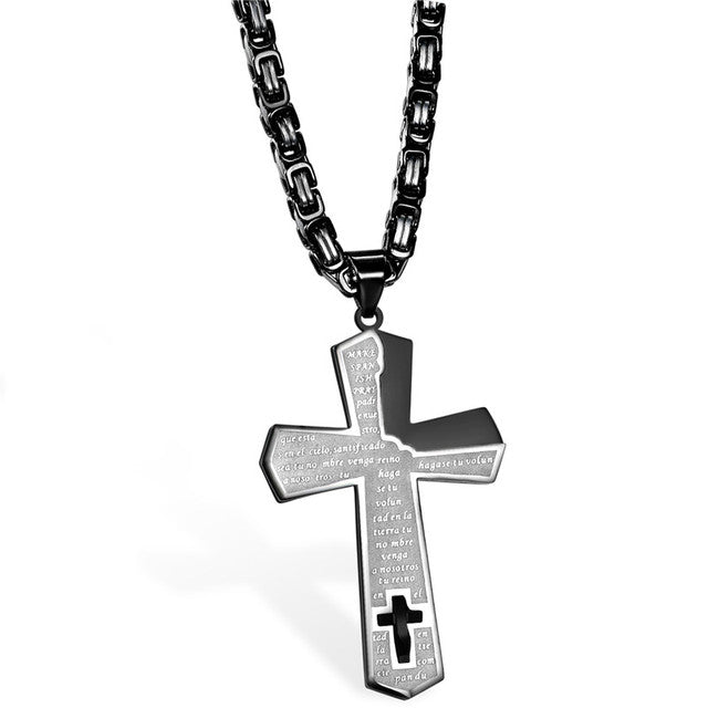 Mens Gold Black Silver No Fade Stainless Steel Spanish Prayer God Within Cross