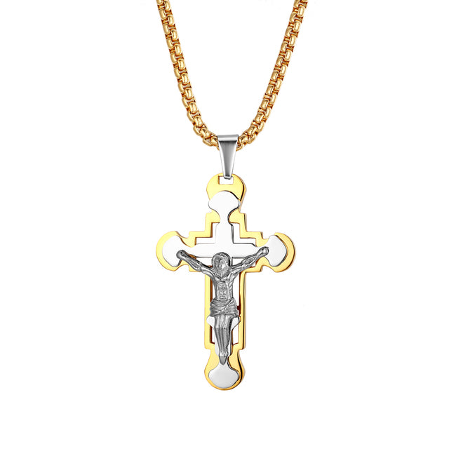 Gold Black Silver Stainless Steel Jesus Cross No Tarnish Pendant Chain Necklace