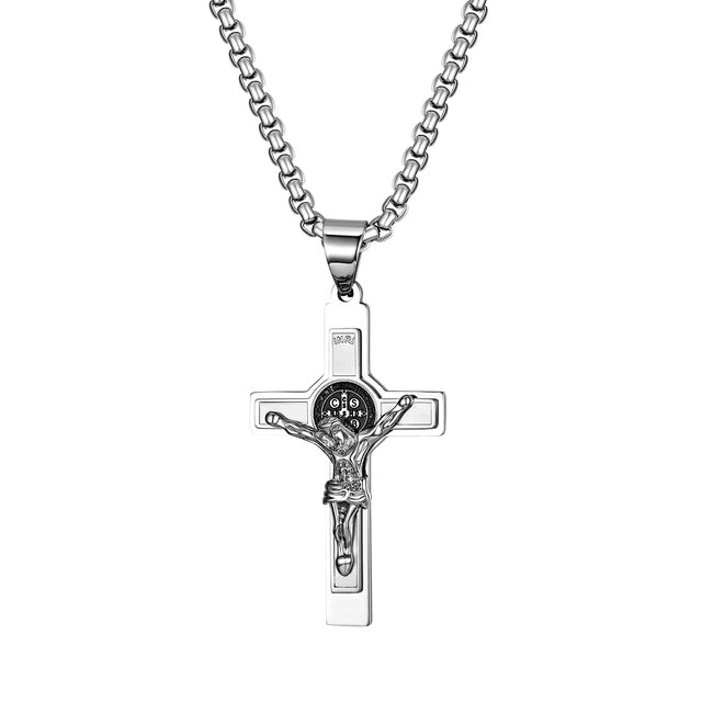 Mens No Fade Stainless Steel Layered Jesus Cross Pendant Chain Necklace