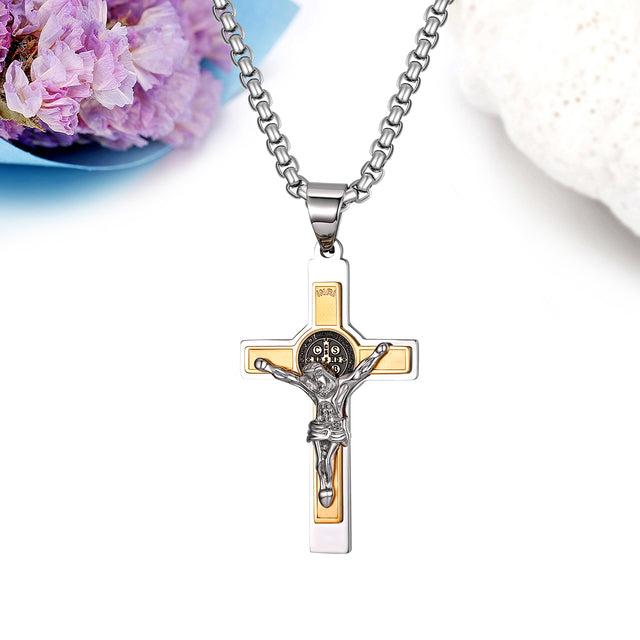 Mens No Fade Stainless Steel Layered Jesus Cross Pendant Chain Necklace