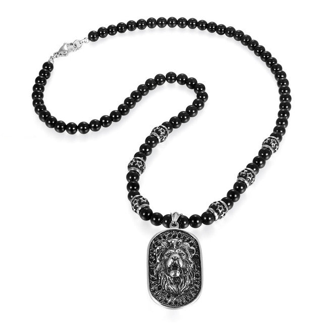 Mens Stainless Steel Beaded Chain Roaring Lion Hip Hop Pendant