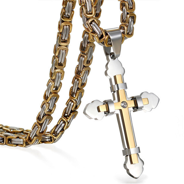 Mens Stainless Steel 14k Gold 3D Layered No Fade Stainless Steel Cross Pendant