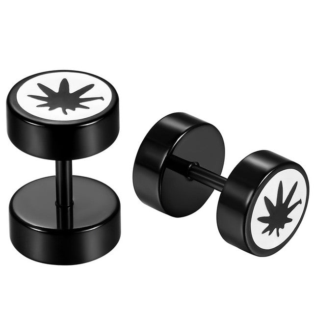 Stainless Steel Leaf Ying Yang Double Sided Screw Back Hip Hop Earrings