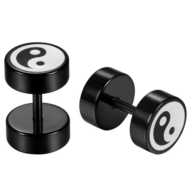 Stainless Steel Leaf Ying Yang Double Sided Screw Back Hip Hop Earrings
