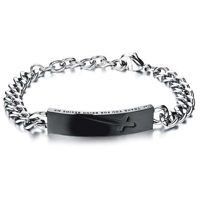 Couples Lovers Thank you Cross Rose Gold Black Stainless Steel Bracelets